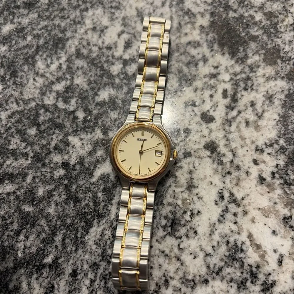 Seiko Quartz Two-Tone Stainless Steel Gold Dial WristWatch w/ Date 751445 Japan